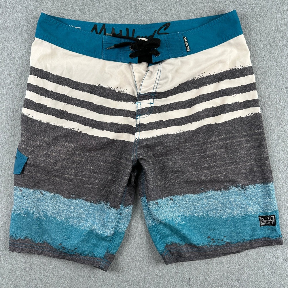 Maui and Sons Board Shorts Mens 34 Blue Black Shark 4 Way Stretch Striped Surf